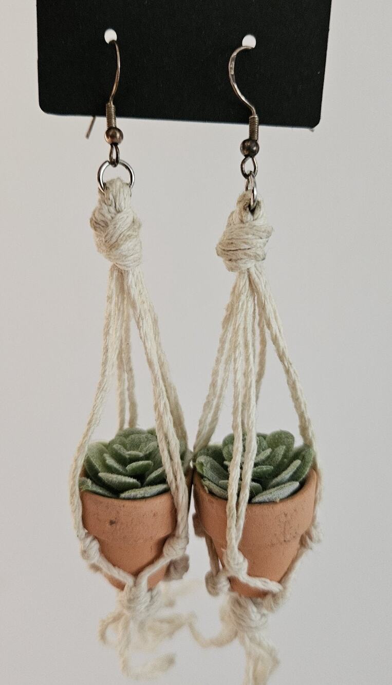 EARRINGS Succulent Hanging Plant miniature Macrame lightweight / GARDENING Lover